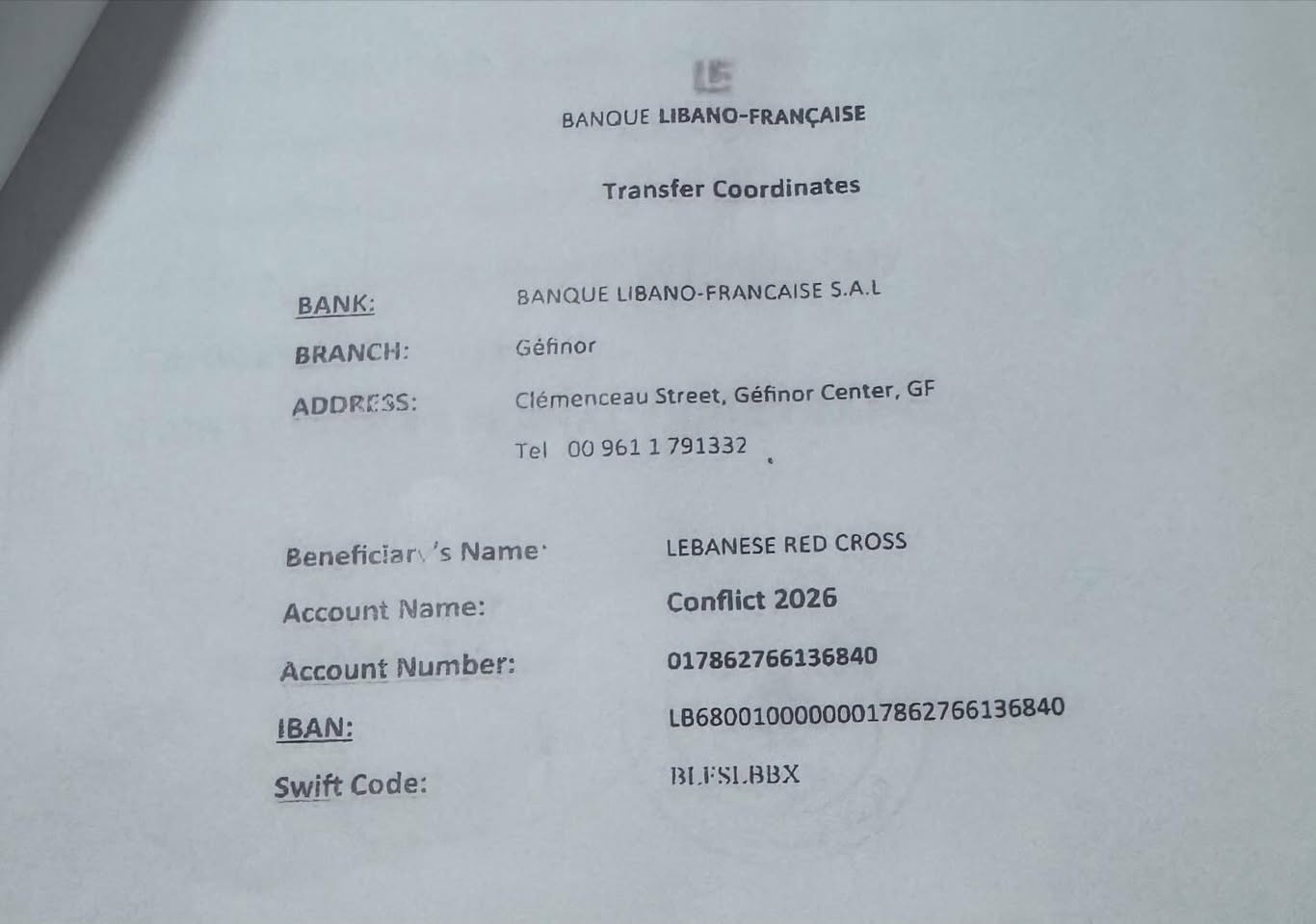 Banking Details for Lebanese Relief Fund Contributions